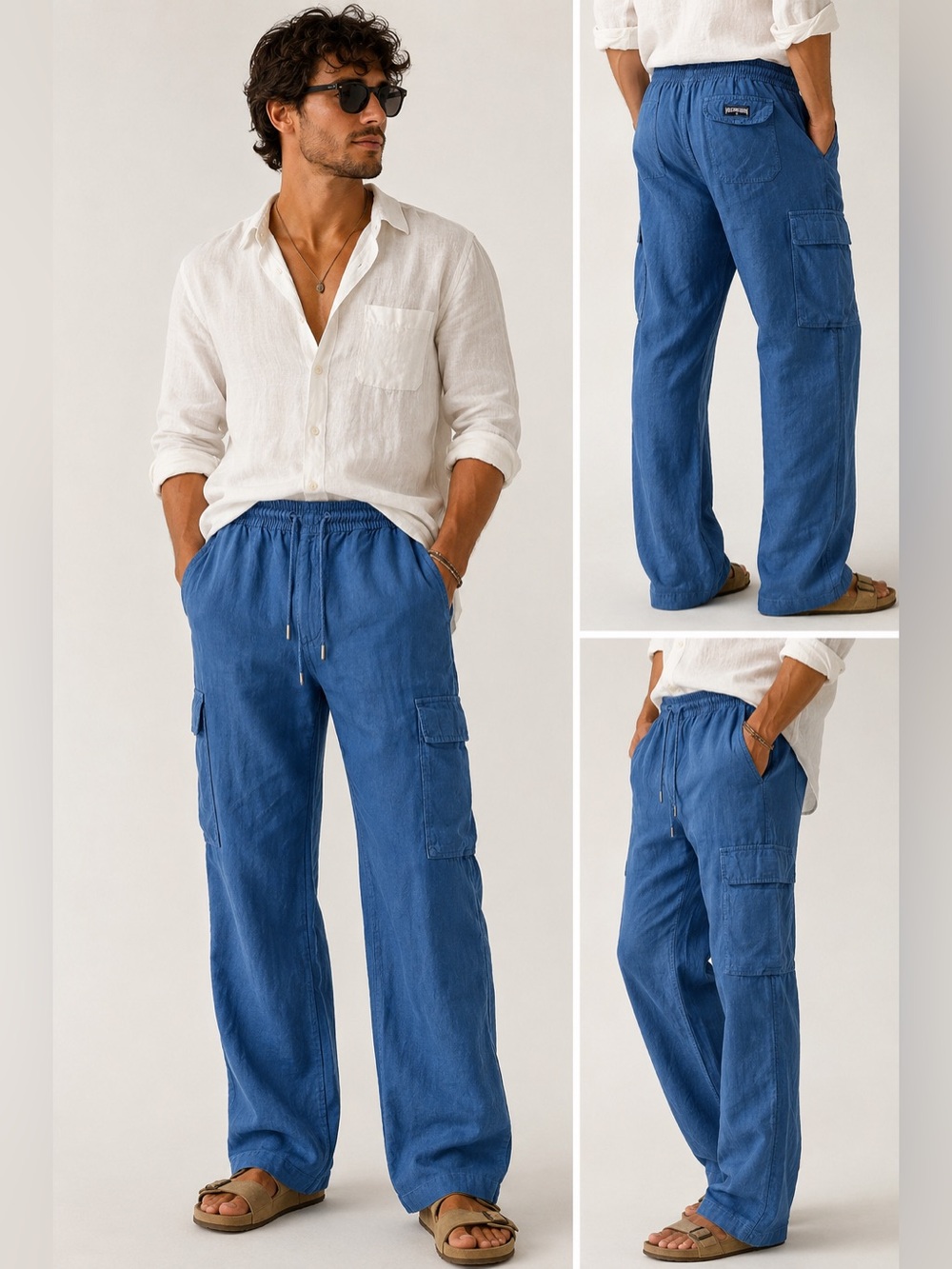 Vilebrequin 100% Linen Cargo Pants XXL Blue Drawstring Resort Coastal Luxury